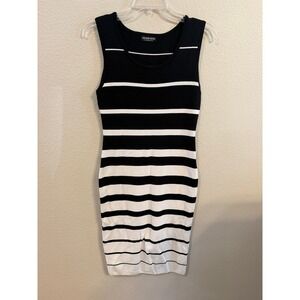 Fashion Nova ‎ Black White Striped Ribbed Knit Sleeveless Bodycon Midi Dress